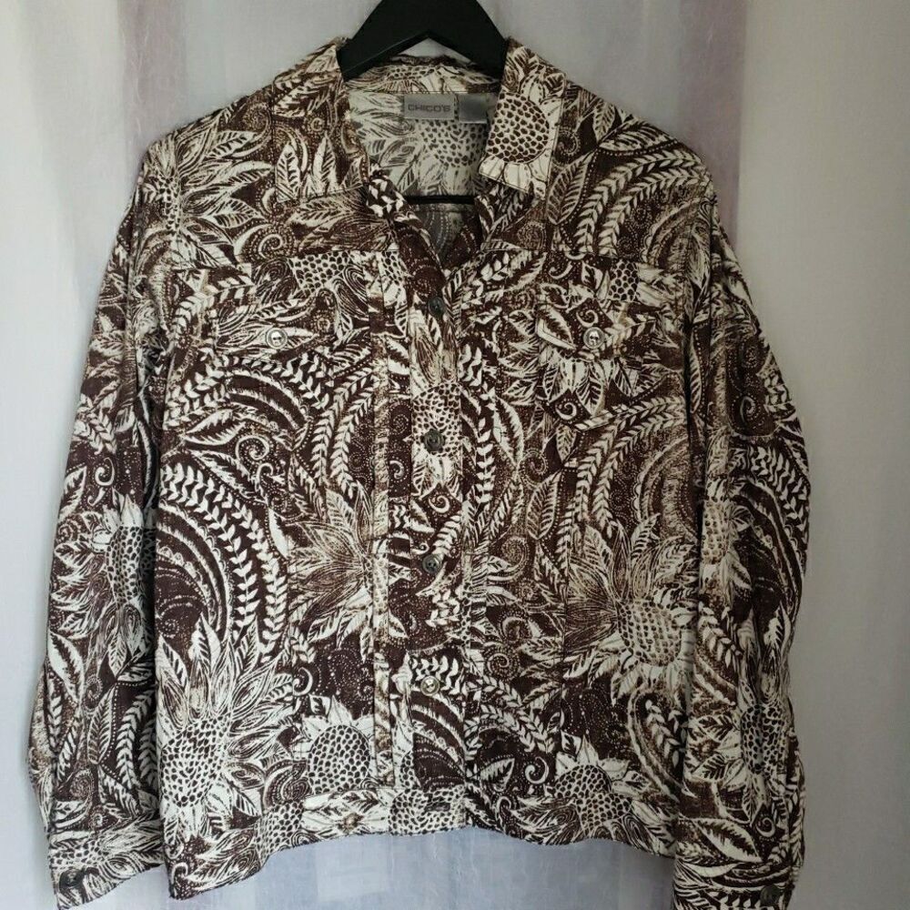 Chico's Women's Size 2 US L Sunflower Print Cotton Blend Button Up Shirt Brown